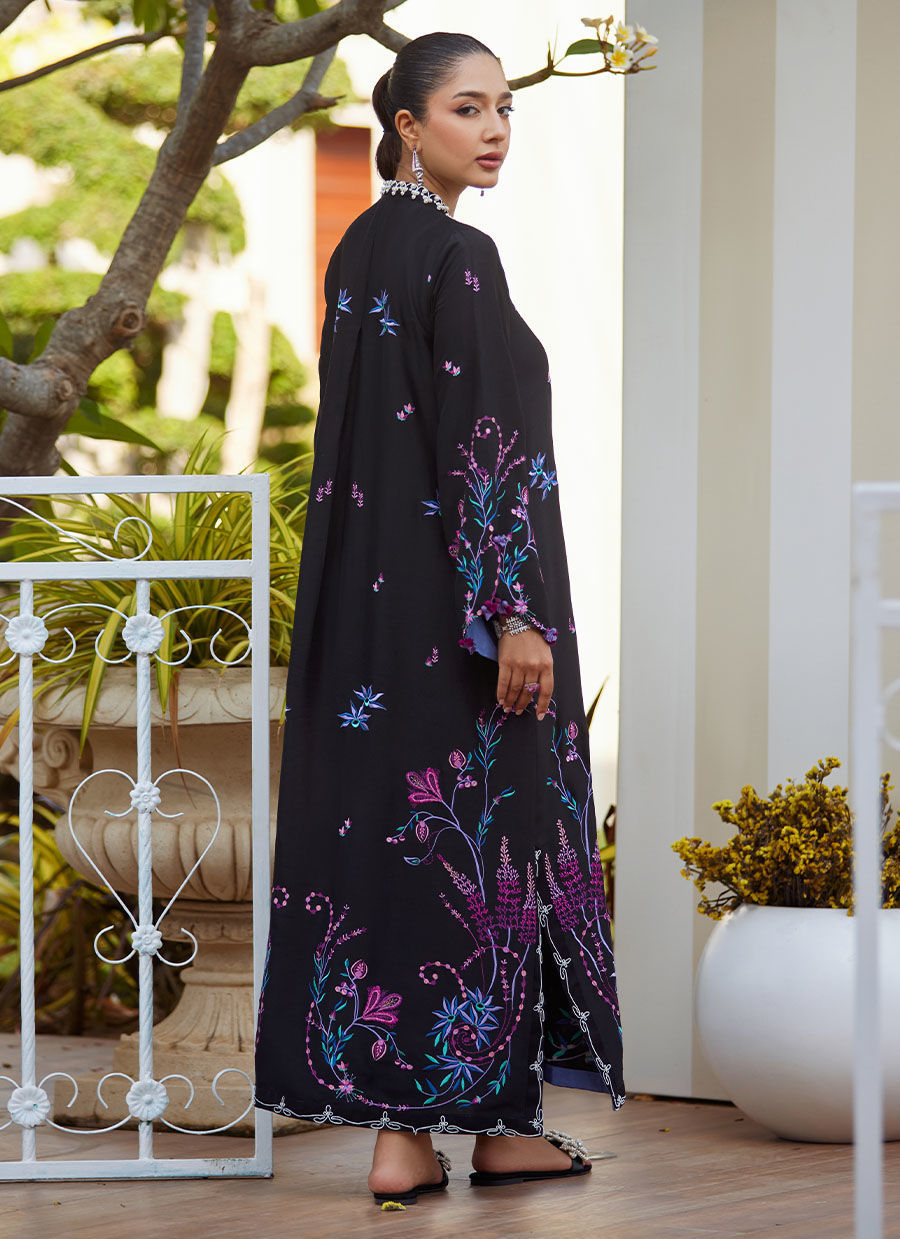 Model wearing black embroidered Zyla Midnight outfit from Farah Talib Aziz, perfect for Pakistani luxury pret and Pakistani clothes online in UK.