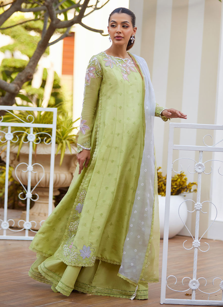 Model wearing apple green Talya outfit from Farah Talib Aziz, ideal for Pakistani luxury pret and Pakistani clothes online in UK.
