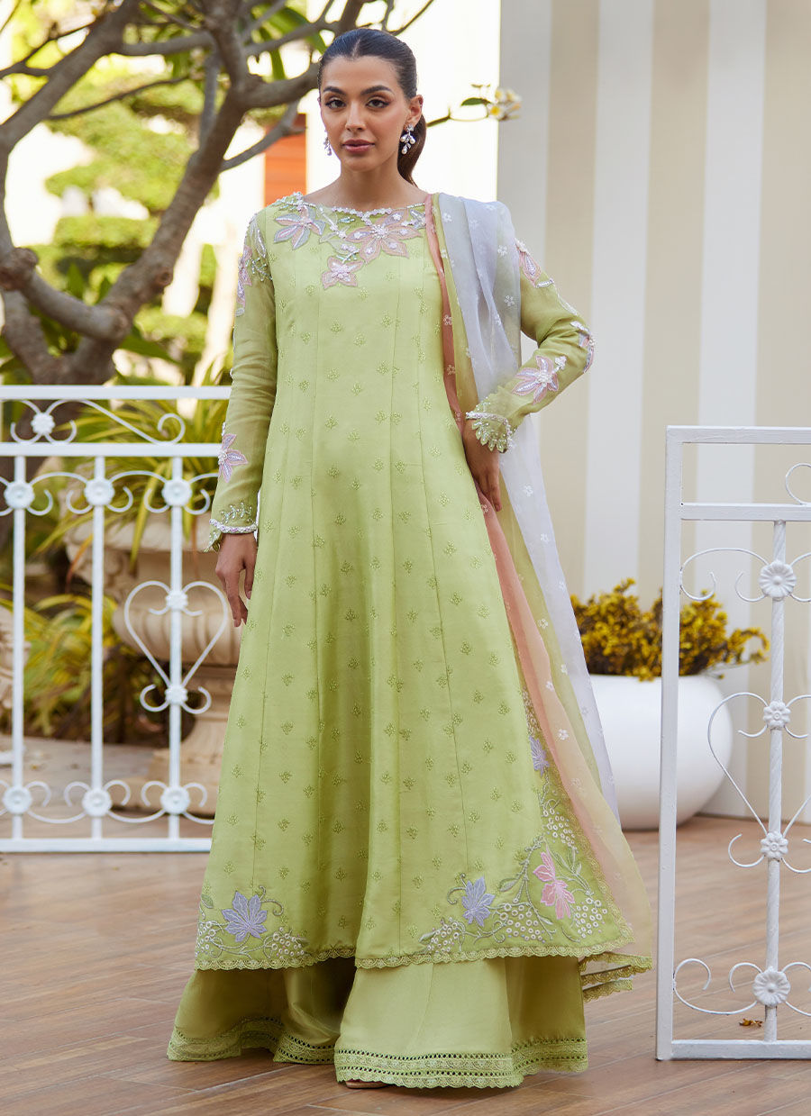 Model wearing apple green Talya outfit from Farah Talib Aziz, ideal for Pakistani luxury pret and Pakistani clothes online in UK.
