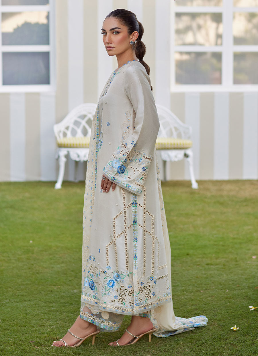 Model wearing ivory Delina outfit from Farah Talib Aziz, ideal for Pakistani luxury pret and Pakistani clothes online in UK.