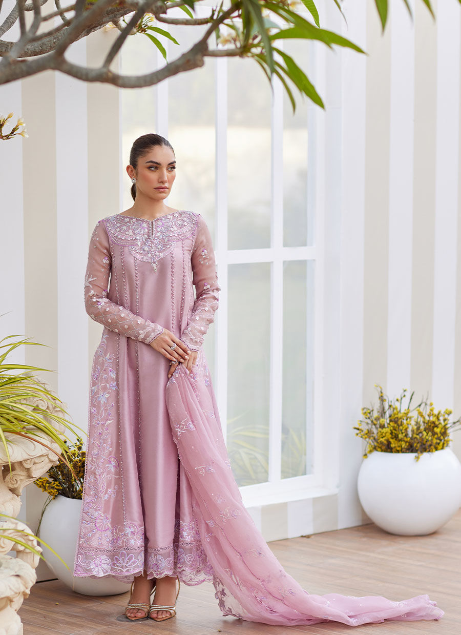 Model wearing mauve Karis dress from Farah Talib Aziz, ideal for Pakistani luxury pret and Pakistani clothes online in UK.