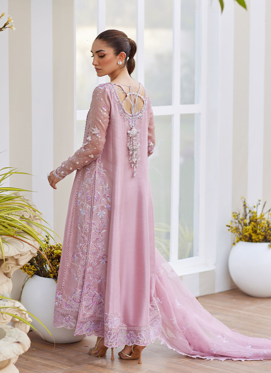 Model wearing mauve Karis dress from Farah Talib Aziz, ideal for Pakistani luxury pret and Pakistani clothes online in UK.