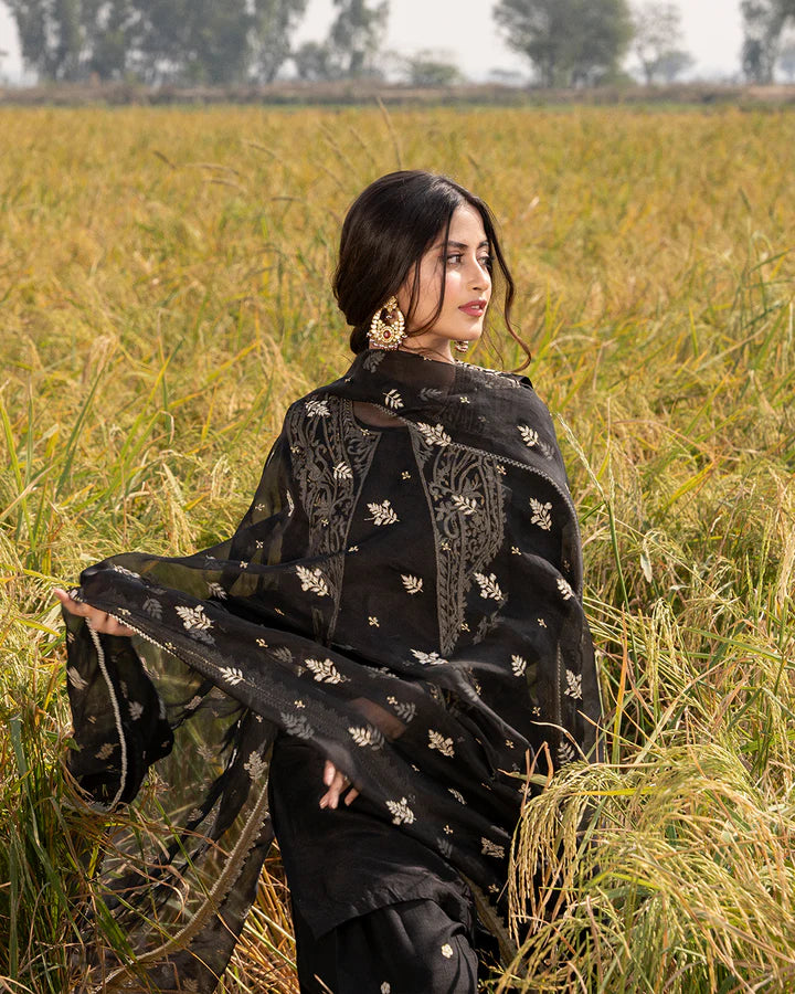 model wearing black dress by Faiza Saqlain, Pakistani luxury pret available online in UK for elegant Pakistani fashion
