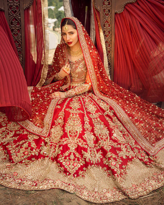 model wearing red dress by Faiza Saqlain, Pakistani luxury pret ideal for online shopping in the UK