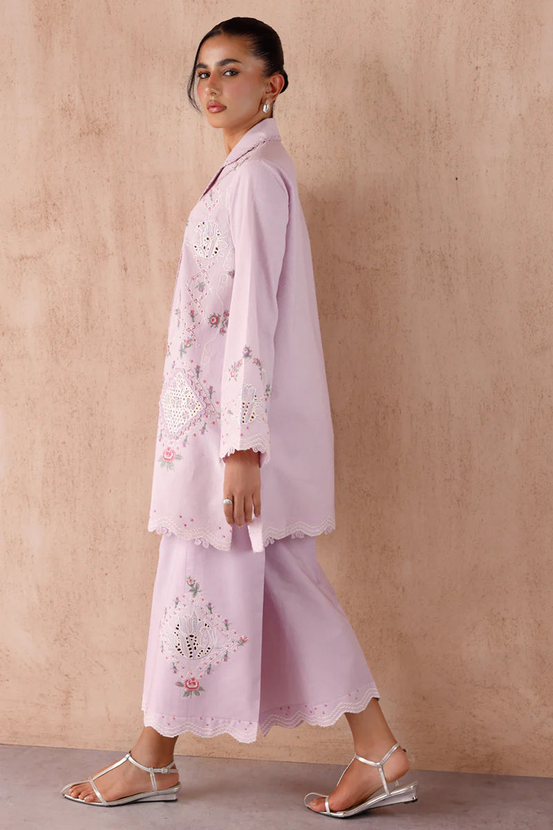 Model wearing lilac embroidered coords EP-03 Aira from Qalamkar, elegant Pakistani luxury pret available online in UK.