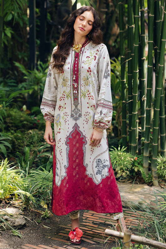 Model wearing OP-01 Lapo, front view, a Pakistani designer outfit by Qalamkar, available online in the UK.