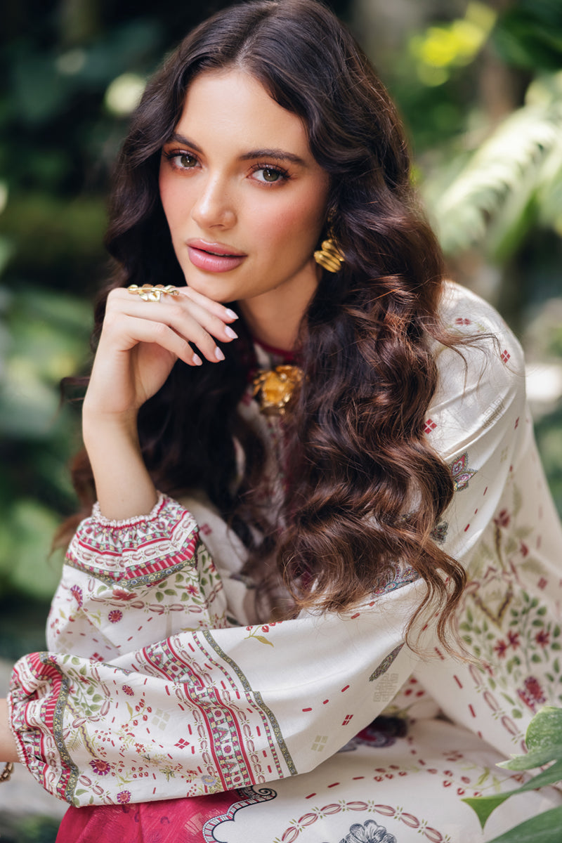 Model wearing OP-01 Lapo, final angle shot, a Pakistani designer outfit by Qalamkar, available online in the UK.