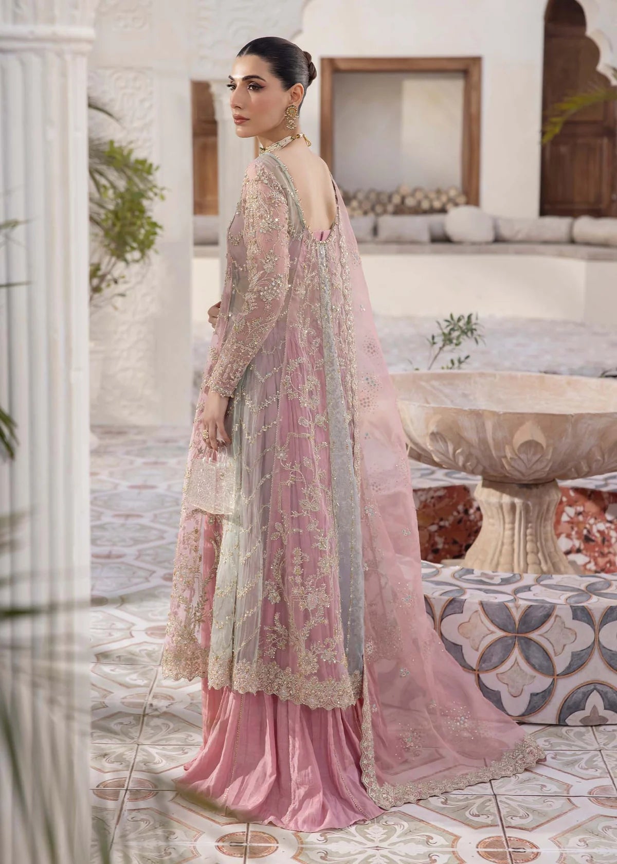 Model wearing pastel pink Sanya dress by Kanwal Malik, Pakistani luxury pret available online in UK for weddings and festive wear.