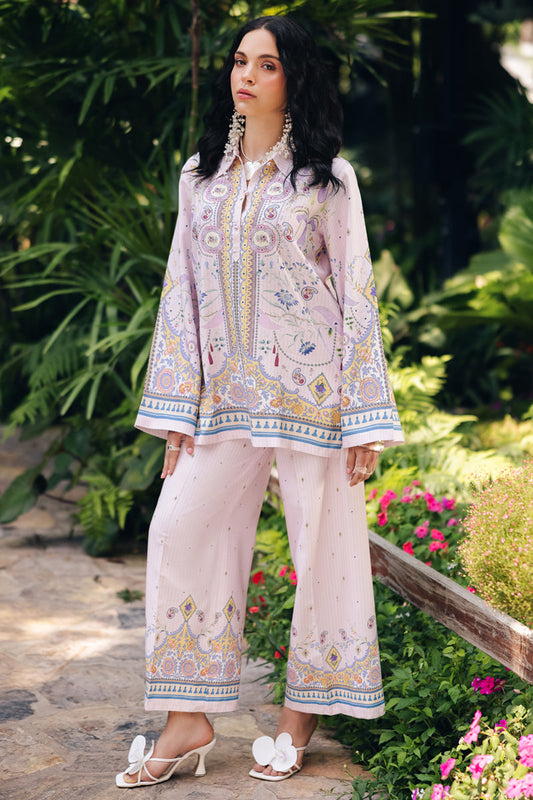 Model wearing OP-08 Ruhi, front view, a Pakistani designer outfit by Qalamkar, available online in the UK.