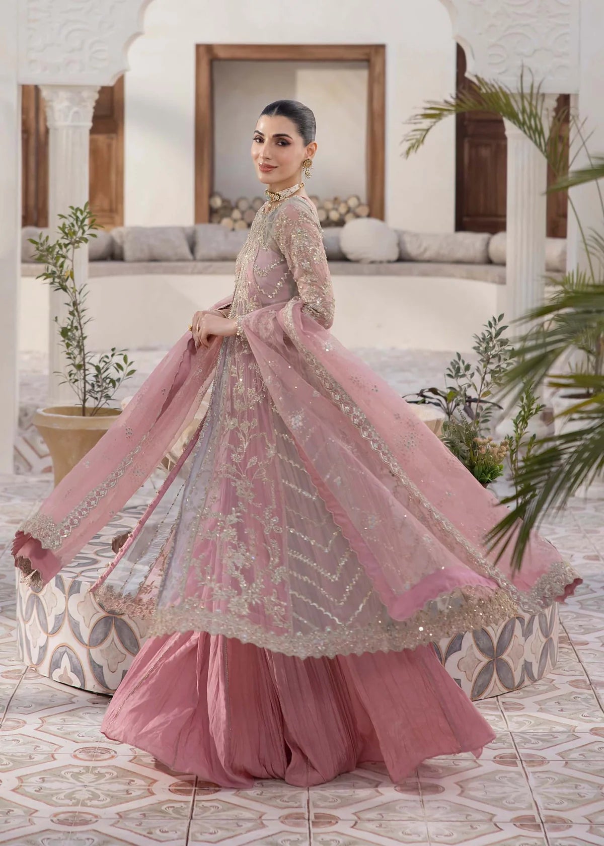 Model wearing pastel pink Sanya dress by Kanwal Malik, Pakistani luxury pret available online in UK for weddings and festive wear.