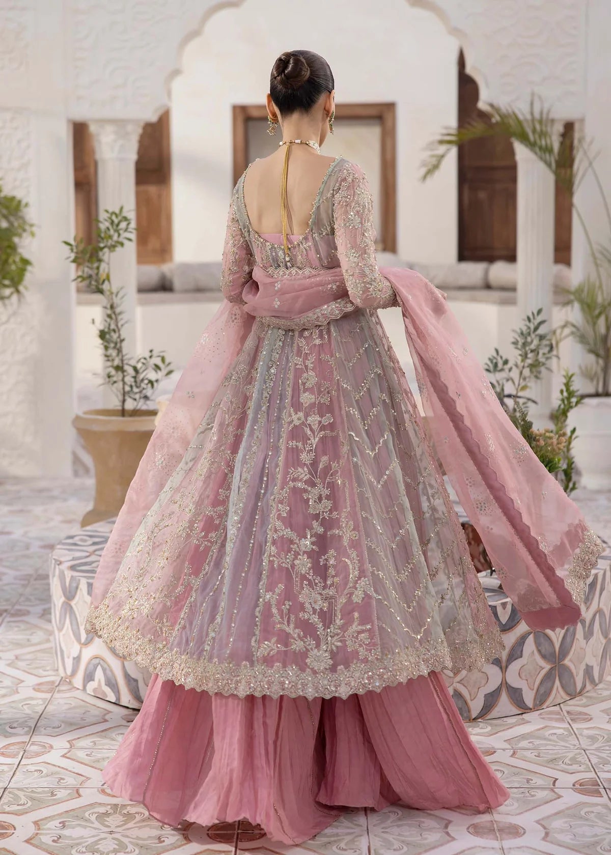 Model wearing pastel pink Sanya dress by Kanwal Malik, Pakistani luxury pret available online in UK for weddings and festive wear.