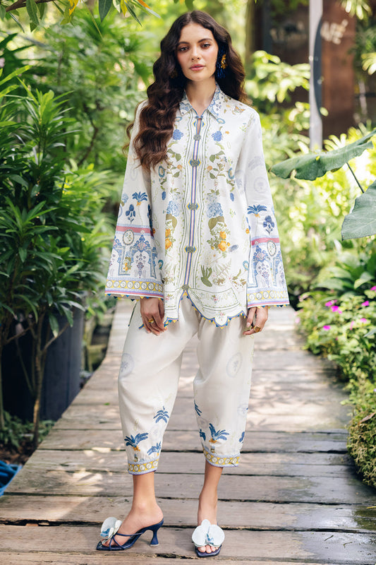 Model wearing OP-06 Ilsa, front view, a Pakistani designer outfit by Qalamkar, available online in the UK.