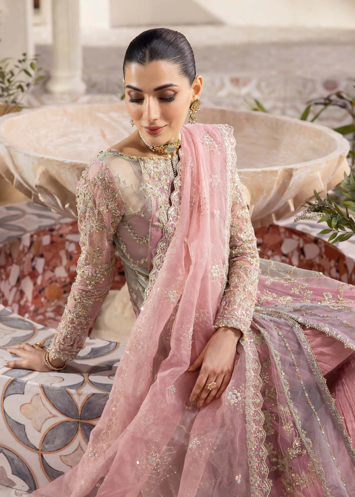 Model wearing pastel pink Sanya dress by Kanwal Malik, Pakistani luxury pret available online in UK for weddings and festive wear.