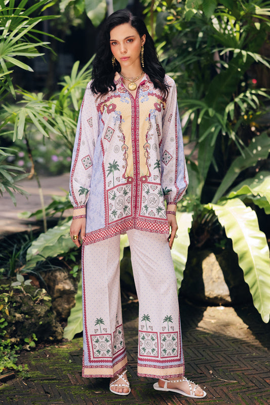 Model wearing OP-05 Rihana, front view, a Pakistani designer outfit by Qalamkar, available online in the UK.