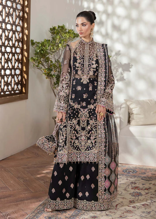 Model wearing black Rama outfit from Kanwal Malik with intricate embroidery—Pakistani luxury pret available online in UK.