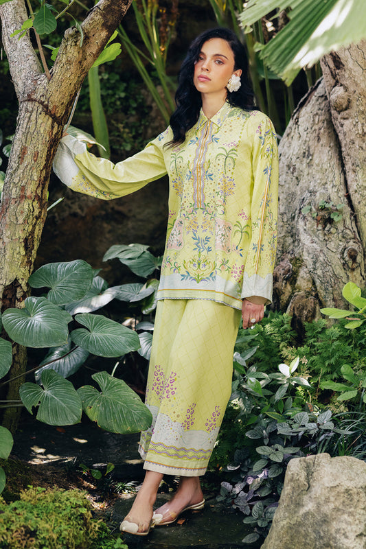 Model wearing OP-03 Alva, front view, a Pakistani designer outfit by Qalamkar, available online in the UK.