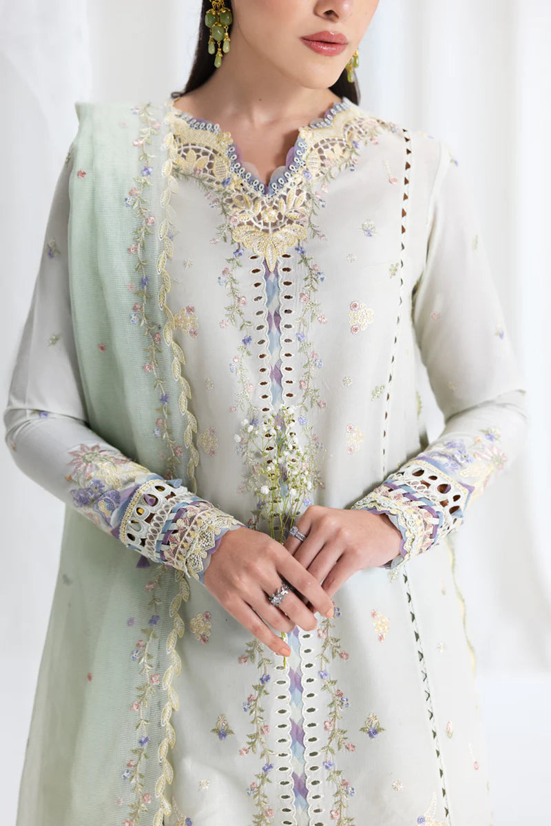 Model wearing pastel mint green SB-08 Rimsha from Qalamkar Eid Edit '25, intricate embroidery, Pakistani Luxury pret, Pakistani clothes online in UK.