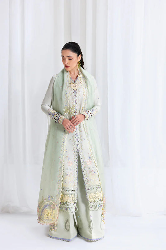 Model wearing pastel mint green SB-08 Rimsha from Qalamkar Eid Edit '25, intricate embroidery, Pakistani Luxury pret, Pakistani clothes online in UK.