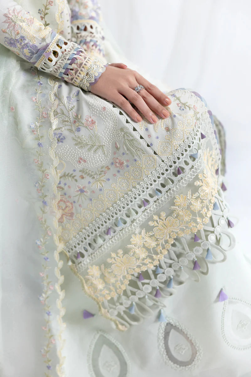 Model wearing pastel mint green SB-08 Rimsha from Qalamkar Eid Edit '25, intricate embroidery, Pakistani Luxury pret, Pakistani clothes online in UK.