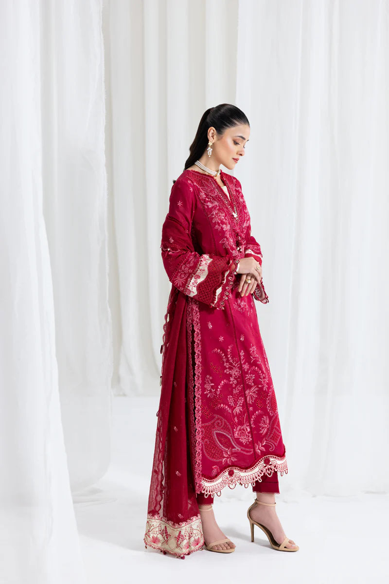 Model wearing maroon Qalamkar SB-02 Sameen embroidered outfit, ideal for Eid festivities and Pakistani luxury pret online in UK.