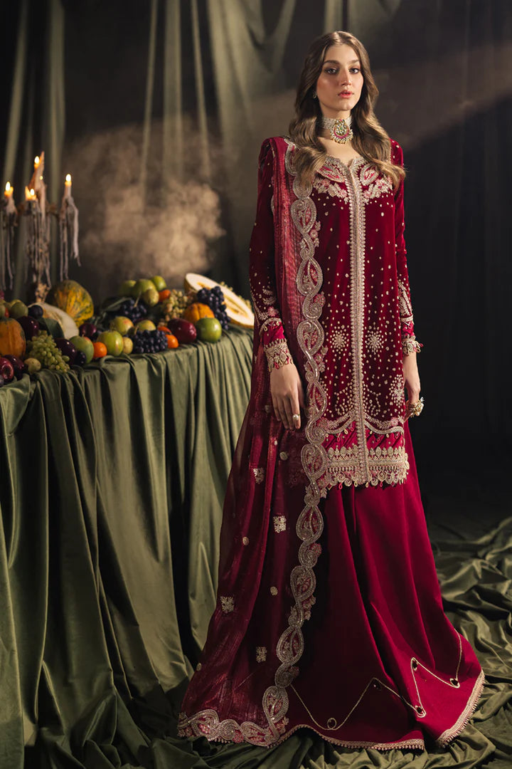 Model wearing Qalamkar Velvet Edit '24 BK-02 AMARA, a luxurious deep red velvet dress adorned with intricate embroidery, perfect for weddings. Available as Pakistani clothes online in the UK.