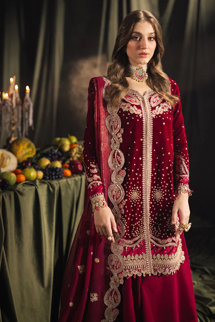 Model wearing Qalamkar Velvet Edit '24 BK-02 AMARA, a luxurious deep red velvet dress adorned with intricate embroidery, perfect for weddings. Available as Pakistani clothes online in the UK.