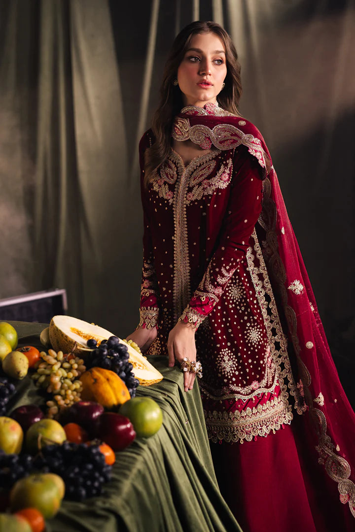 Model wearing Qalamkar Velvet Edit '24 BK-02 AMARA, a luxurious deep red velvet dress adorned with intricate embroidery, perfect for weddings. Available as Pakistani clothes online in the UK.