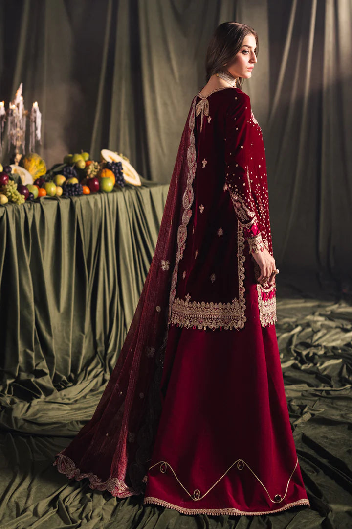 Model wearing Qalamkar Velvet Edit '24 BK-02 AMARA, a luxurious deep red velvet dress adorned with intricate embroidery, perfect for weddings. Available as Pakistani clothes online in the UK.