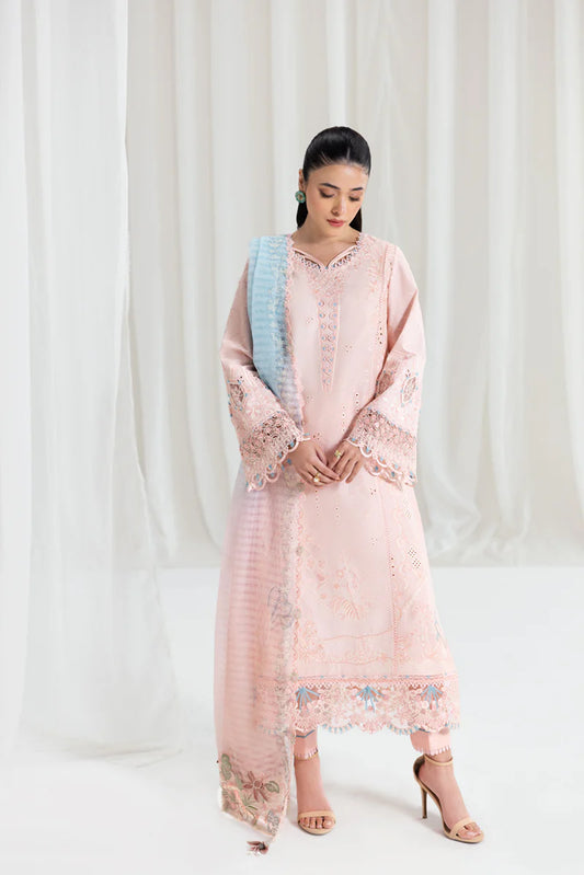 Model wearing pastel pink Qalamkar SB-05 Aleeza suit with blue dupatta, ideal for Pakistani luxury pret and Eid wear online in UK.