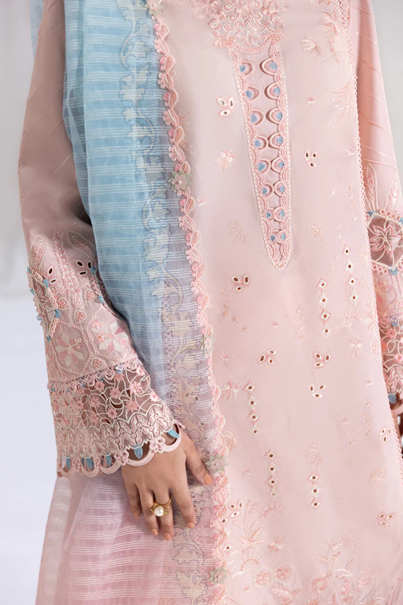 Model wearing pastel pink Qalamkar SB-05 Aleeza suit with blue dupatta, ideal for Pakistani luxury pret and Eid wear online in UK.