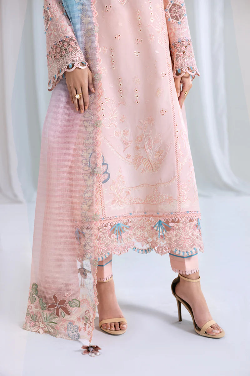 Model wearing pastel pink Qalamkar SB-05 Aleeza suit with blue dupatta, ideal for Pakistani luxury pret and Eid wear online in UK.