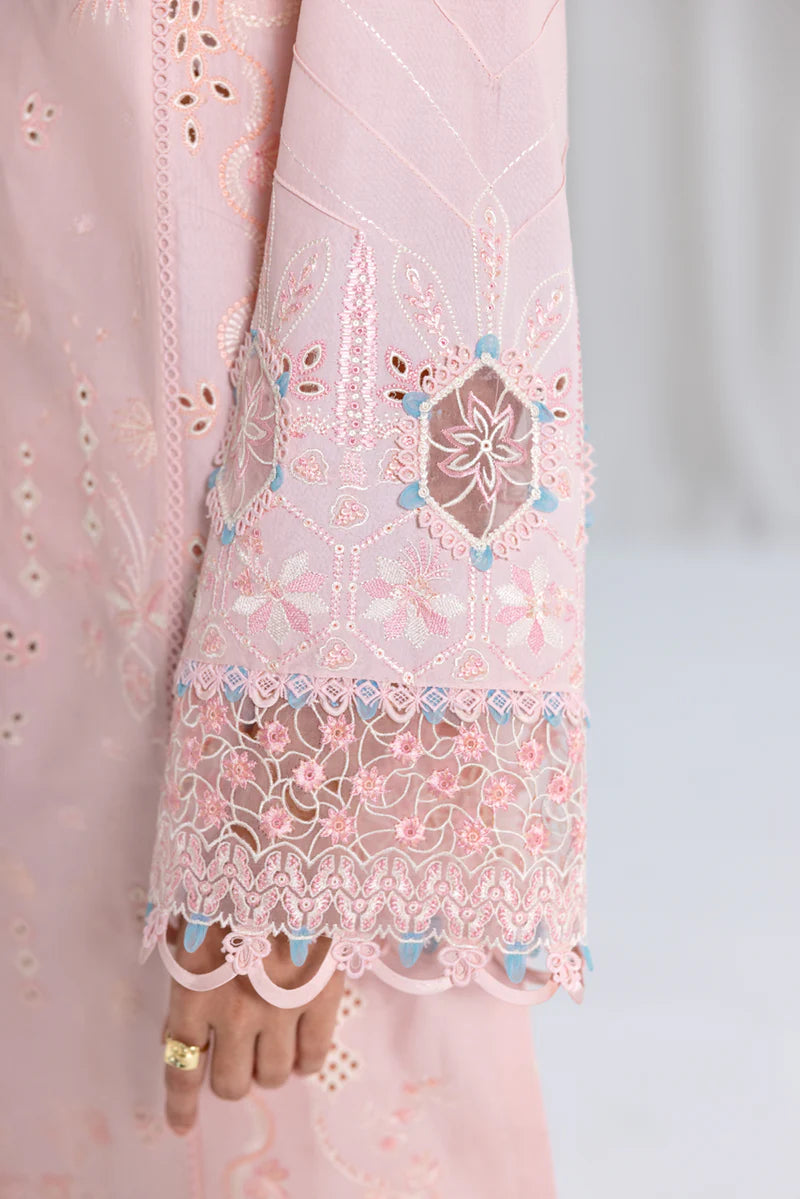 Model wearing pastel pink Qalamkar SB-05 Aleeza suit with blue dupatta, ideal for Pakistani luxury pret and Eid wear online in UK.
