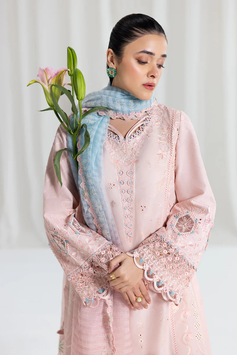 Model wearing pastel pink Qalamkar SB-05 Aleeza suit with blue dupatta, ideal for Pakistani luxury pret and Eid wear online in UK.