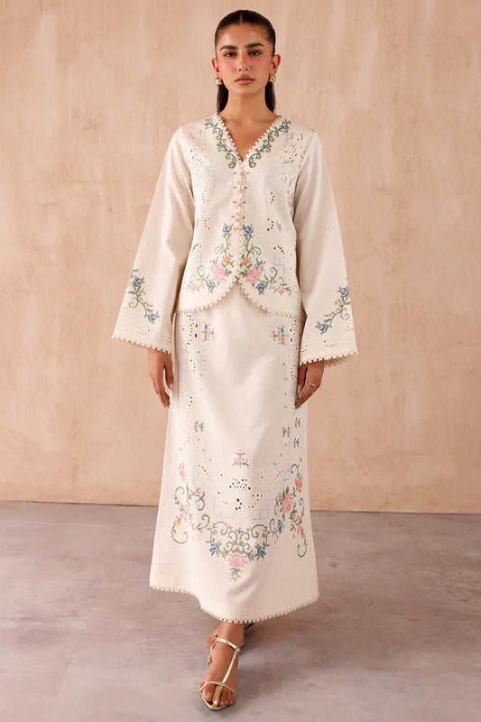 Model wearing cream embroidered coord set EP-02 Zena from Qalamkar, perfect for Pakistani luxury pret and Pakistani clothes online in UK.