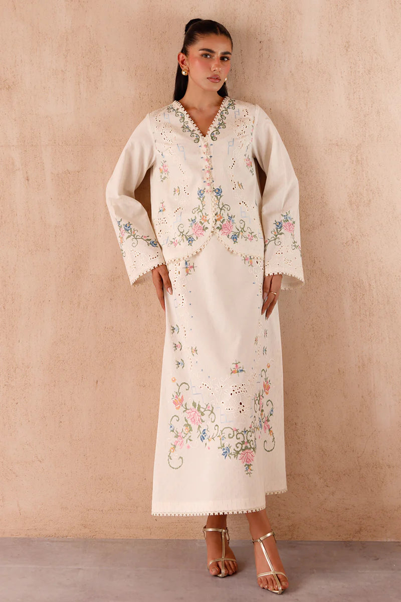 Model wearing cream embroidered coord set EP-02 Zena from Qalamkar, perfect for Pakistani luxury pret and Pakistani clothes online in UK.