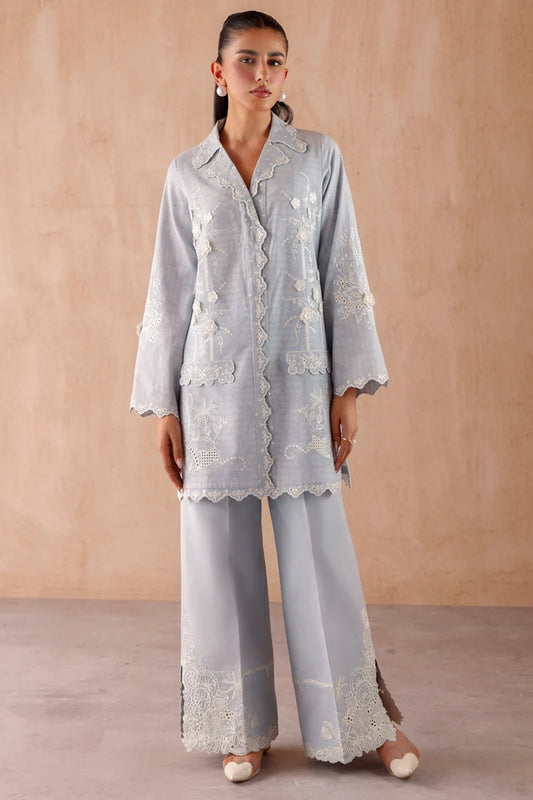 Model wearing Light Blue embroidered coords EP-05 Gaya from Qalamkar, Pakistani luxury pret available online in UK.