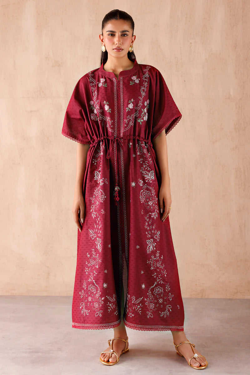 Model wearing maroon embroidered coords EP-09 Aria from Qalamkar, premium Pakistani luxury pret available online in UK.