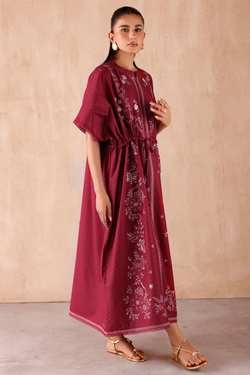 Model wearing maroon embroidered coords EP-09 Aria from Qalamkar, premium Pakistani luxury pret available online in UK.