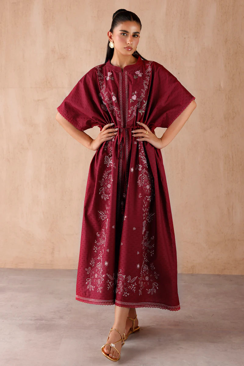 Model wearing maroon embroidered coords EP-09 Aria from Qalamkar, premium Pakistani luxury pret available online in UK.
