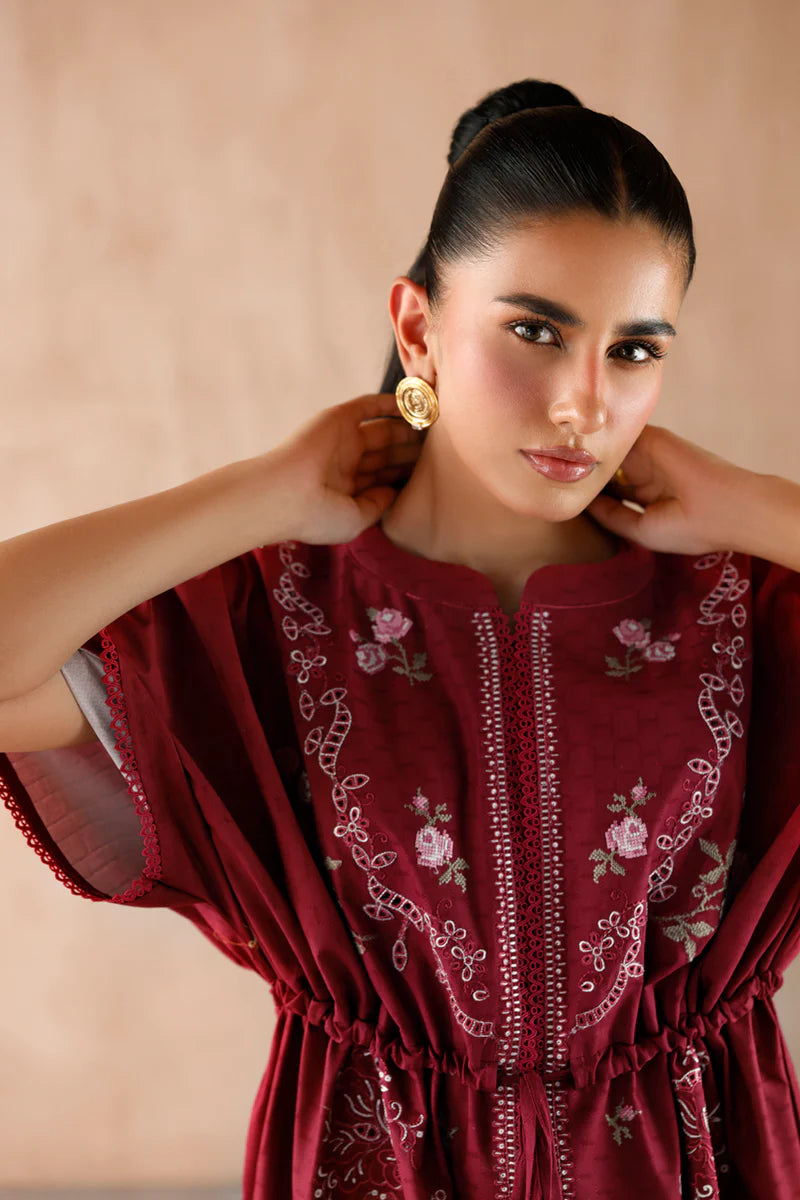 Model wearing maroon embroidered coords EP-09 Aria from Qalamkar, premium Pakistani luxury pret available online in UK.
