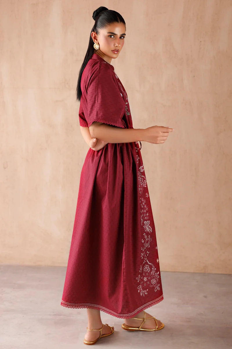 Model wearing maroon embroidered coords EP-09 Aria from Qalamkar, premium Pakistani luxury pret available online in UK.