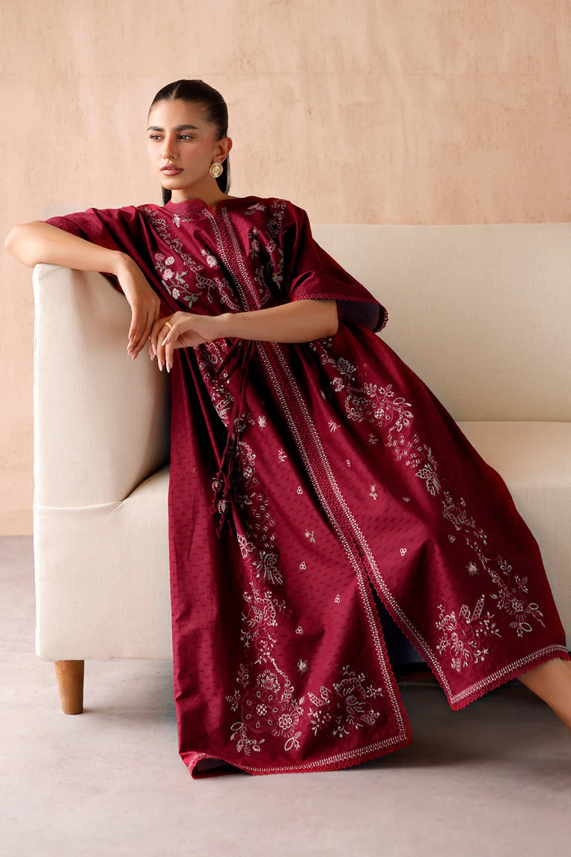 Model wearing maroon embroidered coords EP-09 Aria from Qalamkar, premium Pakistani luxury pret available online in UK.
