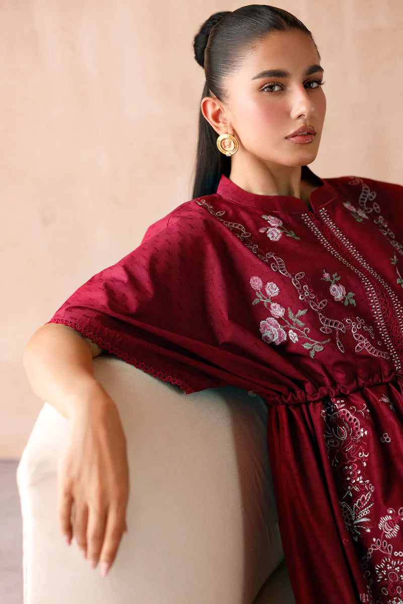 Model wearing maroon embroidered coords EP-09 Aria from Qalamkar, premium Pakistani luxury pret available online in UK.