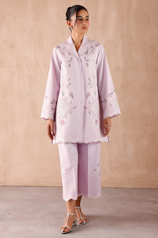 Model wearing lilac embroidered coords EP-03 Aira from Qalamkar, elegant Pakistani luxury pret available online in UK.