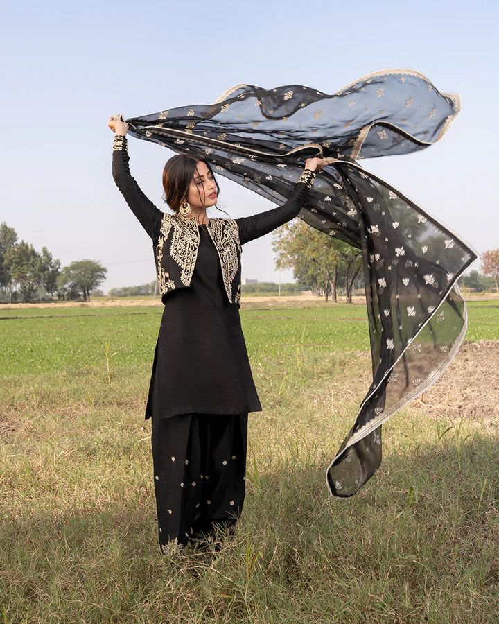 model wearing black dress by Faiza Saqlain, Pakistani luxury pret available online in UK for elegant Pakistani fashion