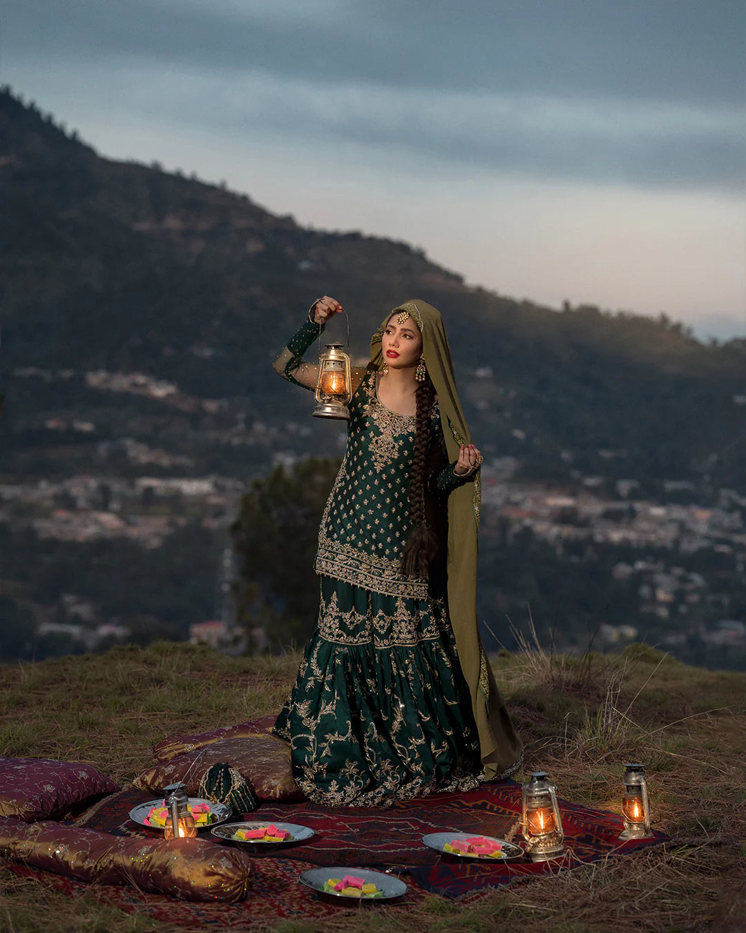 model wearing green dress by Faiza Saqlain, Pakistani luxury pret ideal for online shopping in the UK