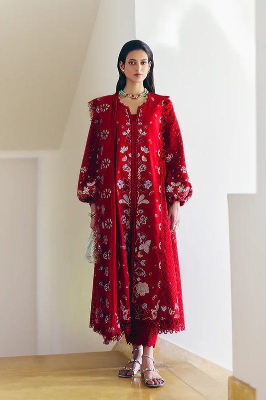 Model wearing deep red embroidered dress from Suffuse Casual Pret 2025 Crimsal. Pakistani luxury pret and Pakistani clothes online in UK.