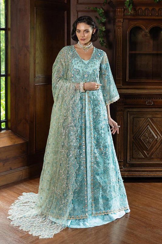 Model wearing aqua blue embellished dress from Mushq Endless Love, Pakistani luxury pret ideal for weddings, shop online in UK
