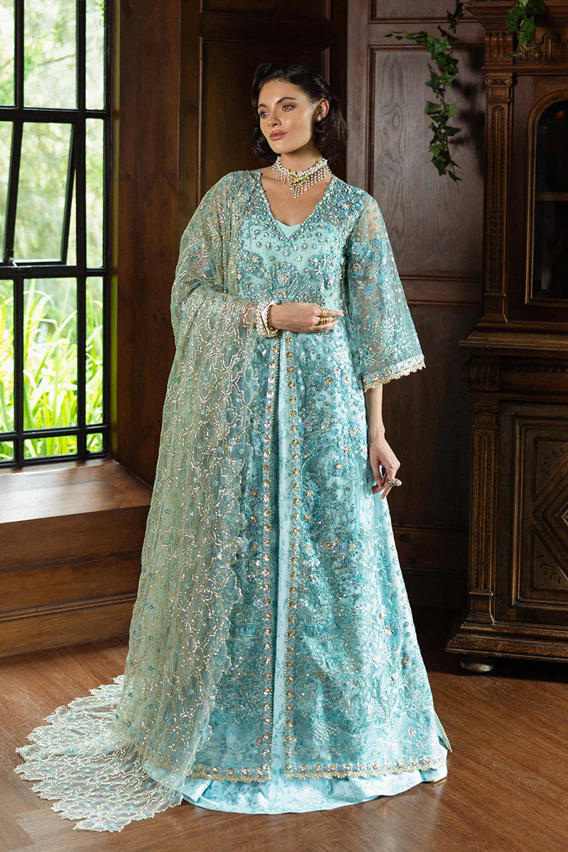 Model wearing aqua blue embellished dress from Mushq Endless Love, Pakistani luxury pret ideal for weddings, shop online in UK
