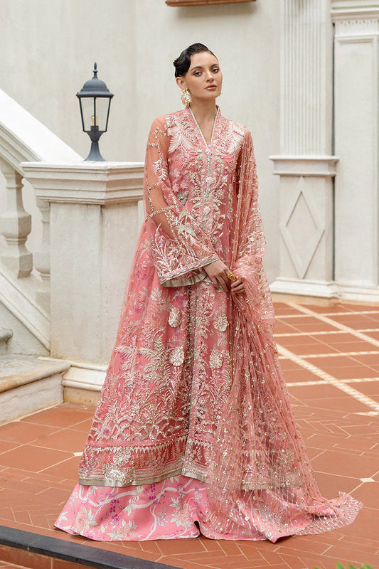 Model wearing peach embroidered dress from Mushq Wings of Desire, Pakistani luxury pret, shop authentic Pakistani clothes online in UK
